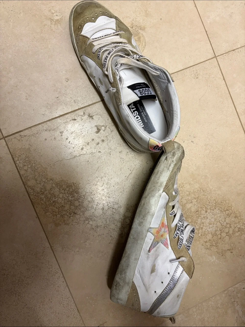 Golden Goose Midstar White and Olive Suede Floral Accent Sneakers